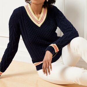Talbots V-neck cable-knit sweater in navy with trim